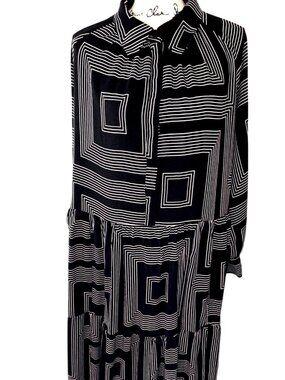 H&M Black White Geometric Shirt Dress XL Long Sleeve Midi Bold Print